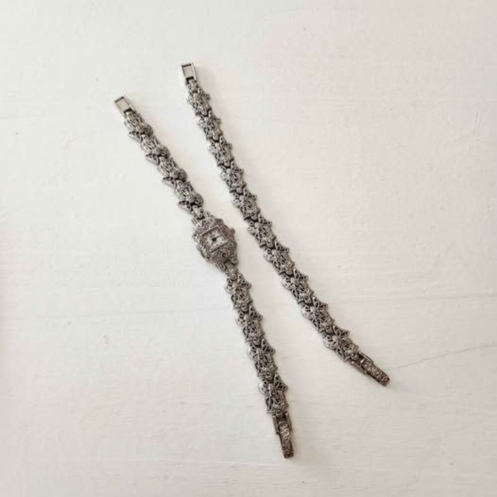 Vtg Eikon Art Deco Wrist Watch & Bracelet Set Silvertone Bows Marcasite Coquette